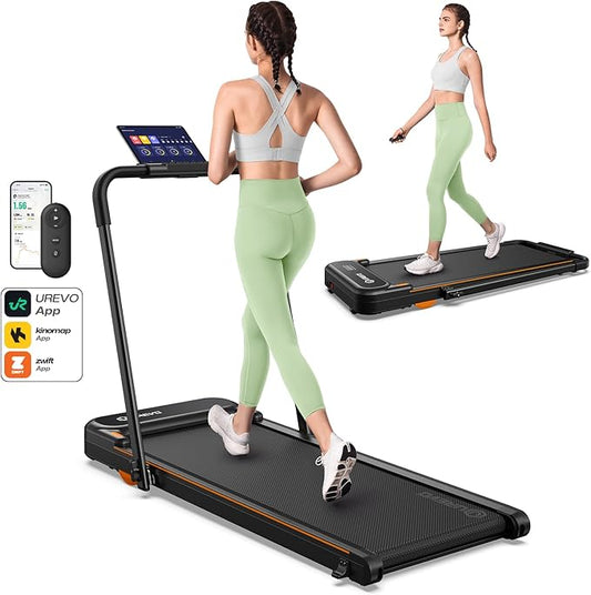 UREVO Strol 2E Smart 2-in-1 Folding Treadmill, Compact Walking Pad with Safety Handle, Plug and Play, Dual LED Display, Workout APP, Walking or Running for Home Office, Remote Included-GravixFit