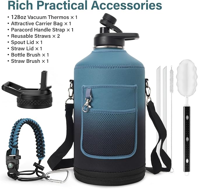 1 Gallon Water Bottle Insulated | Thickened Stainless Steel Vacuum Metal Water Jug | Portable Sports Large for Gym and Hiking with Straw, Carrier Bag, Handle Strap | BPA-Free 128 oz-GravixFit
