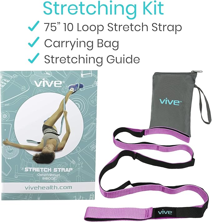 Vive Stretch Strap (75" - 10 Loops) - Leg Stretch Band to Improve Flexibility - Stretching Out Yoga Strap - Exercise and Physical Therapy Belt for Rehab, Pilates and Gymnastics with Guide Book-GravixFit