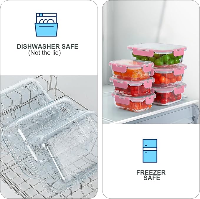 10 Pack Glass Food Storage Containers, Meal Prep Containers with Lids, Airtight Glass Lunch Boxes, Freezer, Oven, and Microwave Safe, Pink-GravixFit