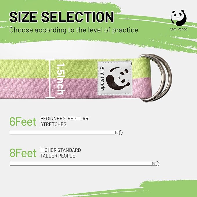 Slim Panda Yoga Strap for Stretching,Cotton Yoga Strap with Adjustable D-Ring Buckle,Non-Elastic Yoga Belt for Pilates,Gym Workouts,Physical Therapy,Improve Flexibility-GravixFit