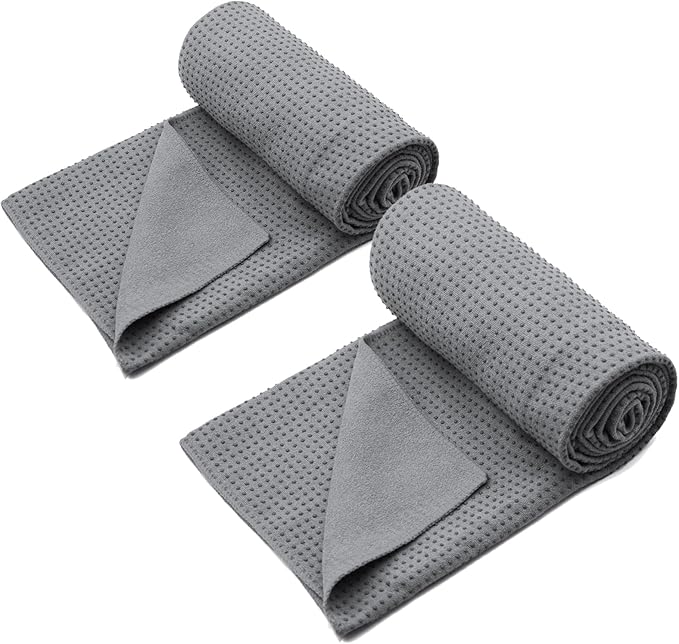 Eunzel 2 Pack Yoga Towel,Hot Yoga Mat Towel with Grip Dots Sweat Absorbent Non-Slip for Hot Yoga, Pilates and Workout 24" x72，Dark Grey (2 Pack)-GravixFit
