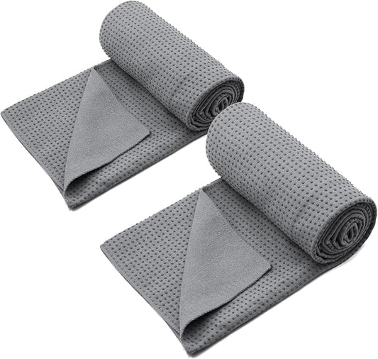 Eunzel 2 Pack Yoga Towel,Hot Yoga Mat Towel with Grip Dots Sweat Absorbent Non-Slip for Hot Yoga, Pilates and Workout 24" x72，Dark Grey (2 Pack)-GravixFit
