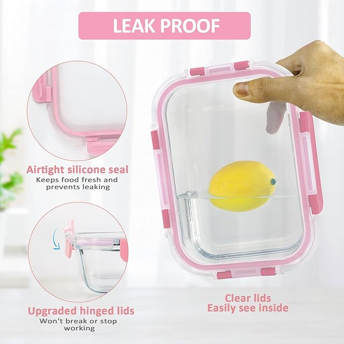M MCIRCO [10-Pack Meal Prep Containers with Snap Locking Lids, Glass Airtight Lunch, Food Storage Containers, Microwave, Oven, Freezer and Dishwasher Friendly, Pink-GravixFit