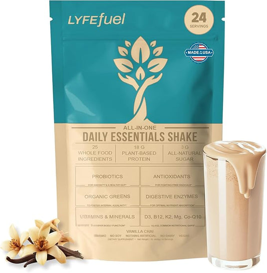 LyfeFuel All-in-One Essentials Nutrition Shake | Complete Meal Replacement Powder | 50+ Superfood Blend, 18g Plant- Based Protein - Vanilla, 24 Servings-GravixFit