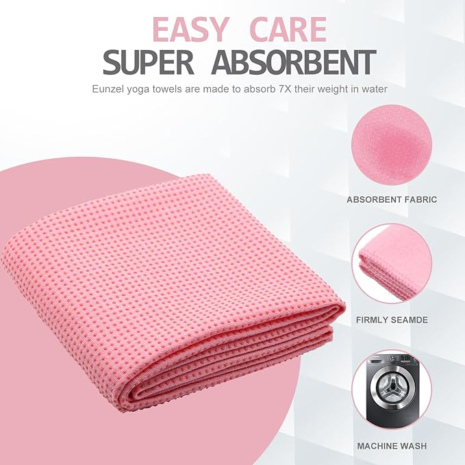Eunzel Yoga Towel,Hot Yoga Mat Towel with Grip Dots Sweat Absorbent Non-Slip for Hot Yoga, Pilates and Workout 24" x72", Pink-GravixFit
