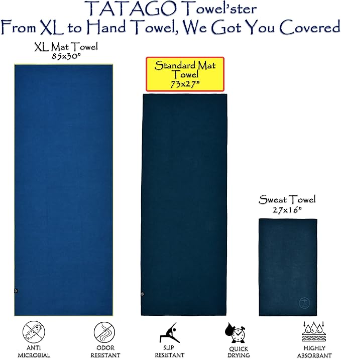 Tatago Hot Yoga Towel Non Slip Grip in 2 Sizes. Premium Yoga Towels for Hot Yoga Non Slip, Hot Pilates Mat Towel or Yoga Mat Towel Thicker, Softer, More Absorbant & Durable!-GravixFit