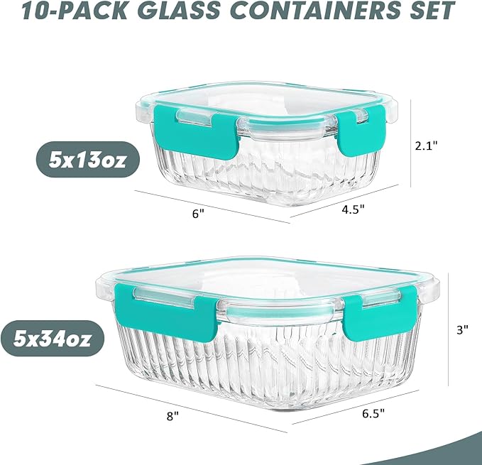 10 Packs Glass Meal Prep Containers with Lids, Glass Food Storage Containers Set, Airtight Lunch Containers, Microwave, Oven, Freezer and Dishwasher Safe, Green-GravixFit