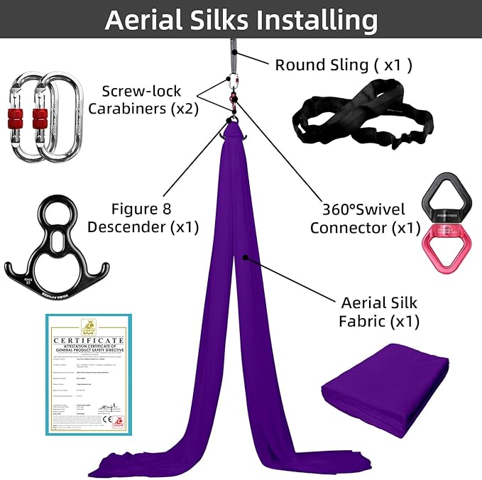 PRIOR FITNESS Aerial Silks Kit Colorful 9/15/20 Yards 40D Nylon Fabric Hammock Set With Hardware & Guide for All Levels Of Aerial Yoga Practice and Acrobatic Flying For Adults Aerial silk-GravixFit