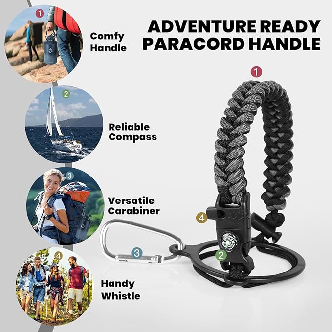 One Gallon Water Bottle Insulated, Triple Walled Vacuum Stainless Steel (Cold for 48 Hrs), Leak Proof & Non-BPA, Large Water Flask Jug with Paracord Handle & Straw Spout Lids-GravixFit