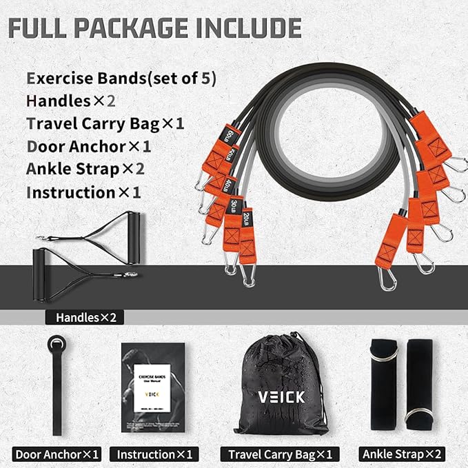 VEICK Resistance Bands, Exercise Bands for Working Out with Handles, Elastic Workout Bands for Men Women, Exercising Bands for Strength Training Equipment at Home Gym-GravixFit