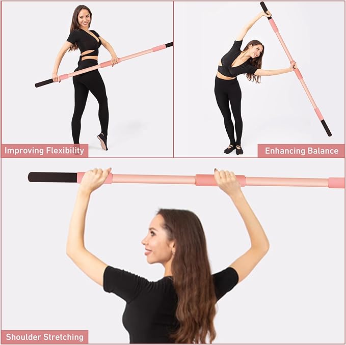 Pink Yoga Stick 58 Inch - Alloy Steel Stretching, Mobility & Exercise Stick with Neck & Hand Pads, Shoulder Flexibility Tool for Yoga, Pilates & Home Gym Workouts-GravixFit
