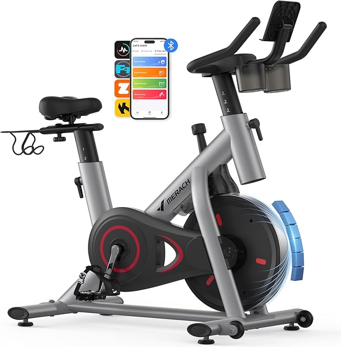 MERACH Exercise Bike, Brake Pad Stationary Bike with Exclusive App, Low Noise Indoor Cycling Bike with 300lbs Weight Capacity, Tablet Mount and Fitness Courses for Weight Loss-GravixFit