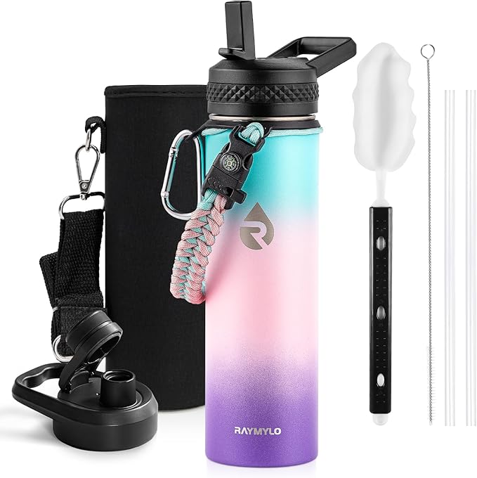 Insulated Water Bottle 20 oz, Triple Wall Vacuum Stainless Steel (Cold for 48 Hrs), Leak Proof & Non-BPA, Kids Water Bottle Jug for School with Straw Spout Lids, Hydrangea-GravixFit