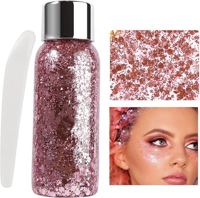 MAEPEOR Chunky Face Body Glitter Gel 19 Colors Mermaid Sequins Holographic Body Glitter Gel Long-Lasting Festival Makeup Glitter Paint for Face Body Hair Nails (30g, 03 Pink)-GravixFit
