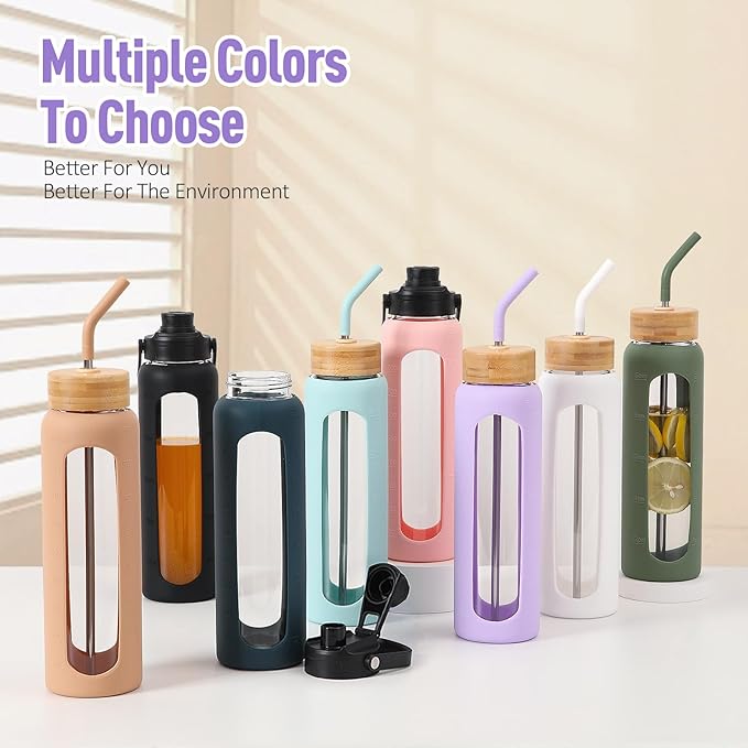 Kodrine Water Bottle with Straw, 24 oz Glass water Bottle with 2 Lids Bamboo Straw Lid and Spout Lid with Handle, 32 oz Clear Water Bottle Glass for Sports Travel, Waterbottle with Time Marker-GravixFit