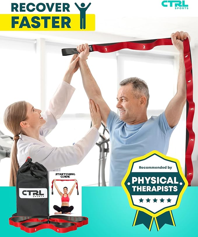 Stretching Strap with Loops - Non Elastic Stretch Band for Physical Therapy, Yoga Strap for Stretching Equipment, Stretch Bands for Exercise and Flexibility - Fascia, Hamstring & Leg Stretcher Belt-GravixFit