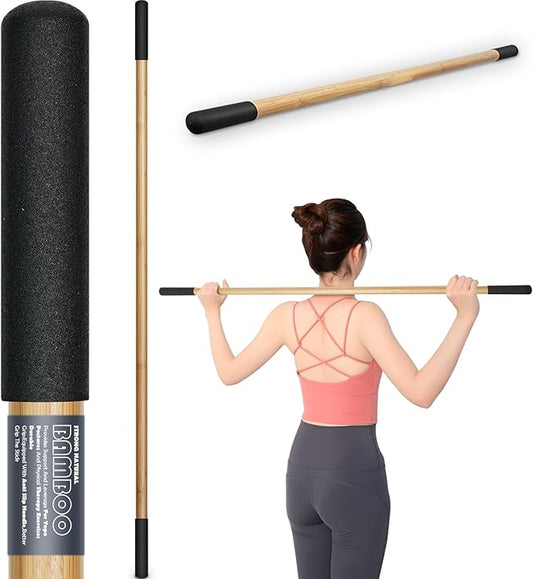 Bamboo Stretch Yoga Stick, 5ft/149 cm, Flexibility Stick for Physical Therapy, Premium Yoga Dowel with Super Sturdy Rubber Handle Ends, Exercise Bar for Posture Corrector-GravixFit
