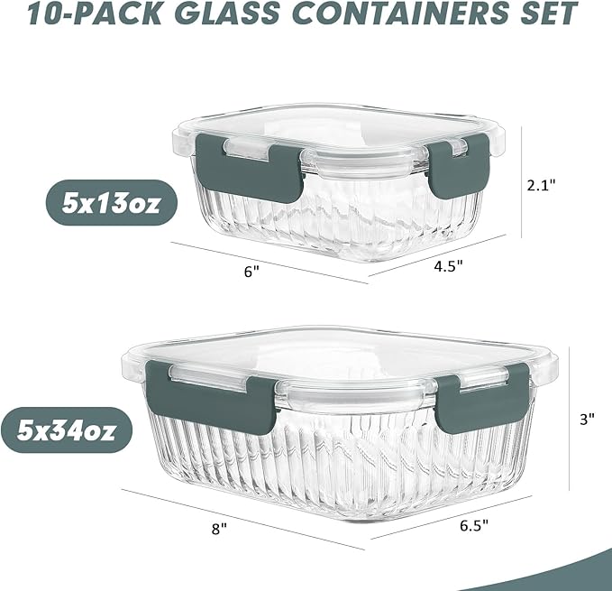 10 Packs Glass Meal Prep Containers with Lids, Glass Food Storage Containers Set, Airtight Lunch Containers, Microwave, Oven, Freezer and Dishwasher Safe, Gray-GravixFit