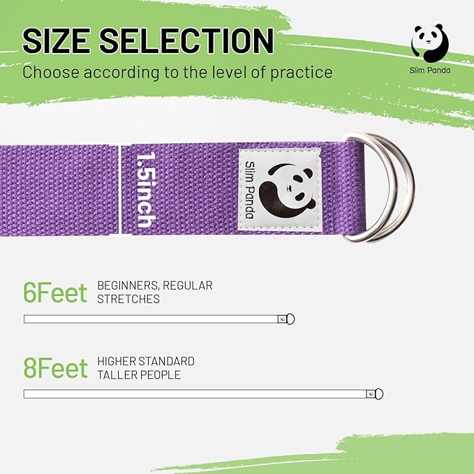 Slim Panda Yoga Strap for Stretching,Cotton Yoga Strap with Adjustable D-Ring Buckle,Non-Elastic Yoga Belt for Pilates,Gym Workouts,Physical Therapy,Improve Flexibility-GravixFit