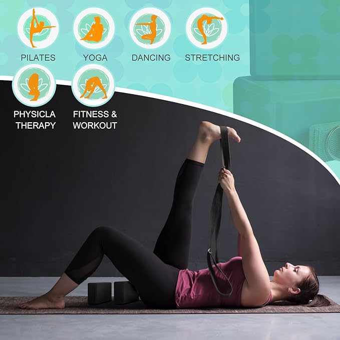 Meooeck 18 Pcs Yoga Block and Strap Set 9 x 6 x 3 Inch EVA Foam Non Slip Brick 8 ft Yoga Straps for Stretching D Ring Design for Back to School Pilates Fitness Workout Exercise-GravixFit