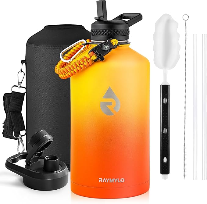 One Gallon Water Bottle Insulated, Triple Walled Vacuum Stainless Steel (Cold for 48 Hrs), Leak Proof & Non-BPA, Large Water Flask Jug with Paracord Handle & Straw Spout Lids-GravixFit