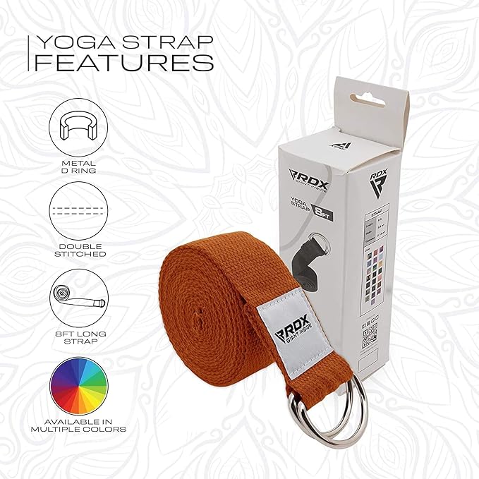 RDX 8ft Yoga Strap with D-Ring Buckle, Durable Polyester Cotton Adjustable Belts for Stretching Pilates Dance Gymnastics General Fitness Holding Poses Flexibility Physical Therapy, Home Gym Workout-GravixFit
