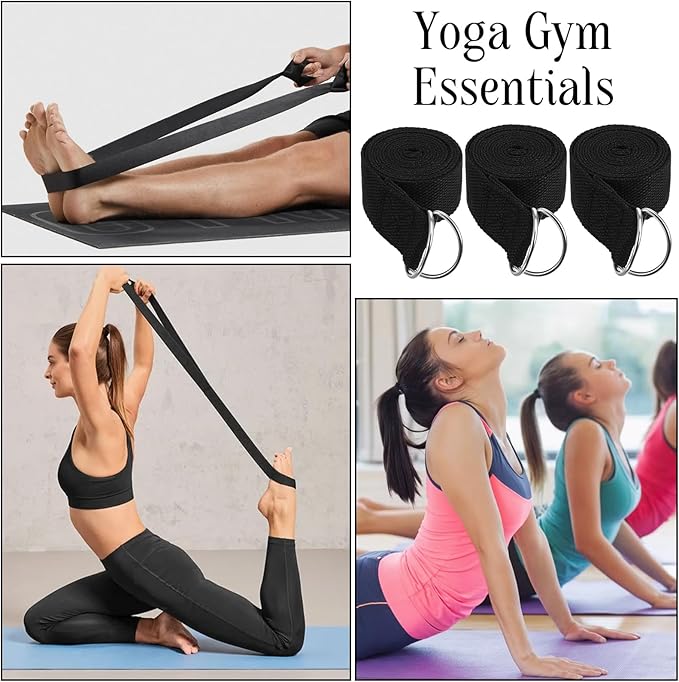 12 Pack Yoga Straps for Stretching, 6 Ft Black Exercise Bands with Adjustable D Ring Buckles for Pilates, Gym Fitness, Flexibility Training, Men Women-GravixFit