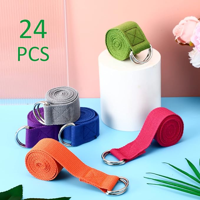 Leyndo 24 Pieces Yoga Strap Stretching Pilates Exercise Adjustable Straps 6 ft Non Elastic Yoga Belt with Adjustable D Ring Buckle for Pilates Gym Workouts Fitness-GravixFit