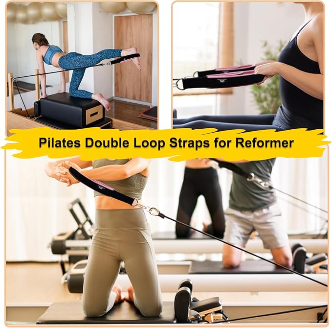 1 Pair Enhanced Pilates Double Loop Straps for Reformer, Thickened D-Ring Handle Straps, Yoga Exercise Accessories in 2 Lengths and Multicolor for Home Gym Workout-GravixFit