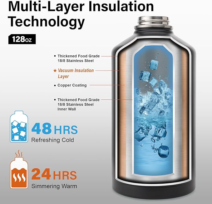 1 Gallon Water Bottle Insulated | Thickened Stainless Steel Vacuum Metal Water Jug | Portable Sports Large for Gym and Hiking with Straw, Carrier Bag, Handle Strap | BPA-Free 128 oz-GravixFit