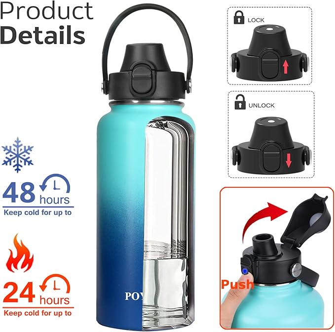 Water Bottle Insulated 32oz 40oz 64oz 128oz Straw Lid Spout Lid & 3 Lids, Leak Proof, Vacuum Insulated,Stainless Steel Water Bottle Wide Mouth for Sports, Gym or Office-GravixFit