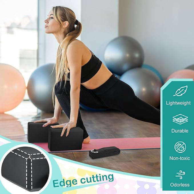 Meooeck 18 Pcs Yoga Block and Strap Set 9 x 6 x 3 Inch EVA Foam Non Slip Brick 8 ft Yoga Straps for Stretching D Ring Design for Back to School Pilates Fitness Workout Exercise-GravixFit