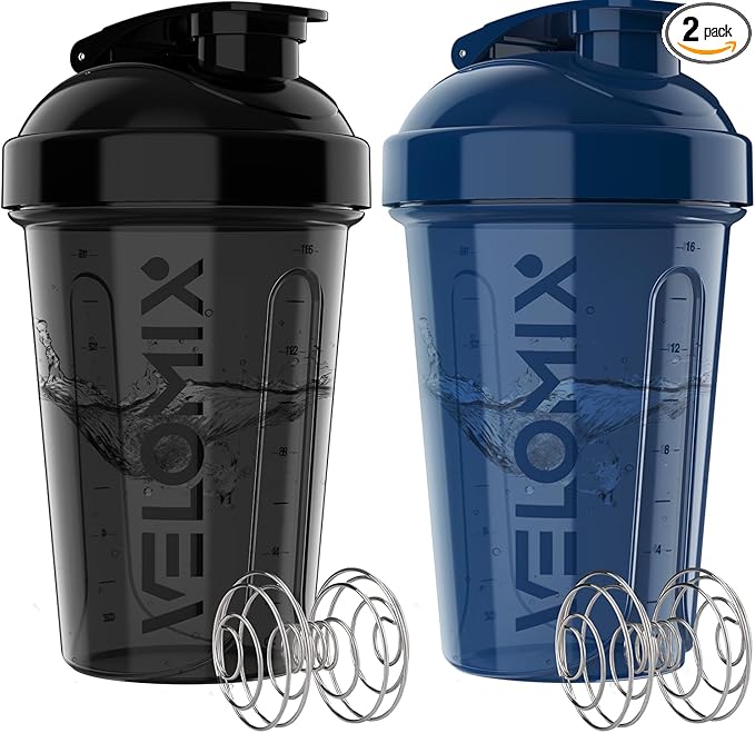 '-2 Pack- 20 oz Protein Shaker Bottles for Protein Mixes - 2x Wire Whisk, Leak Proof Shaker Cups for Protein Shakes and Pre Workout, Protein Shaker Bottle Pack, Protein Mixer Cup (Blue&Black)-GravixFit