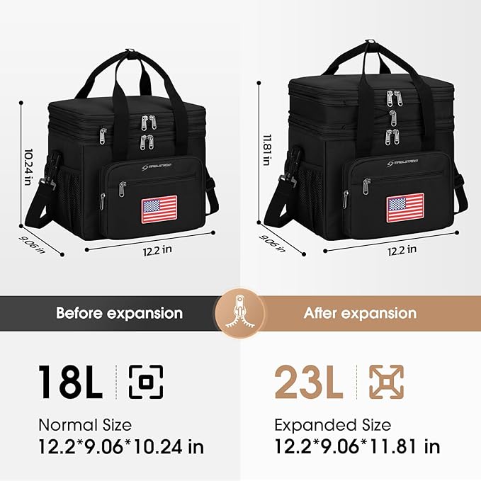 Maelstrom Tactical Lunch Box for Men, 23L Insulated Lunch Bag, Expandable Double Deck Cooler Bag, Lightweight Leakproof Tote Bag With Side Tissue Pocket, Suit For Men and Women, Black-GravixFit