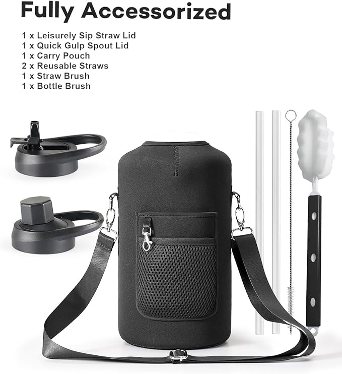 128 oz Insulated Water Bottle with Straw and Lid, One Gallon Stainless Steel Cup with Handle,Leakproof Metal Travel Jug Flask Mug Tumbler Cup With Carry Pouch and Brush,Keep Cold & Hot,Grey-GravixFit