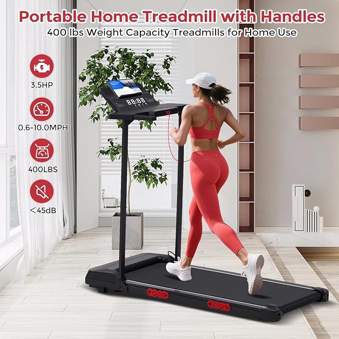 Treadmill with Handles, Folding Foldable Electric Treadmills for Home Small, 3.0HP Walking Pad Treadmills with Handle Bar, 3 in 1 Under Desk Treadmill with Remote Control, LED Display, 300LBS Capacity