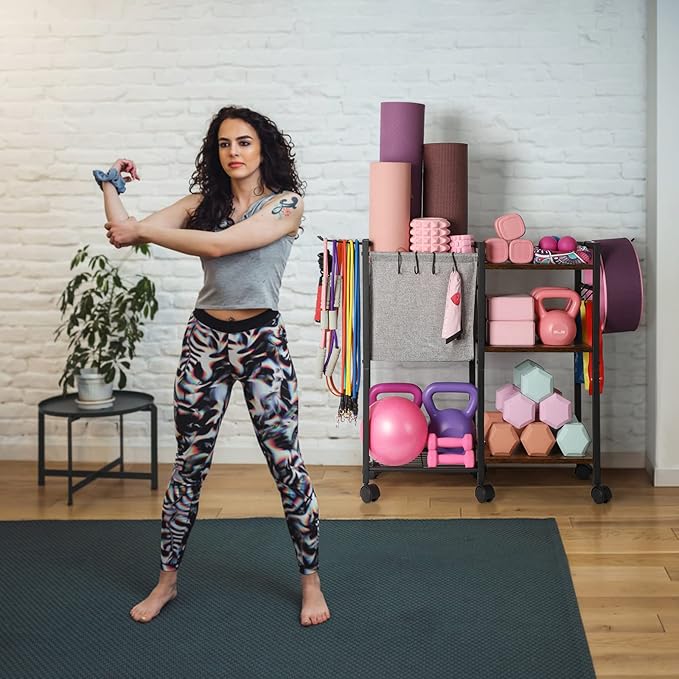 Yoga Mat Storage Rack Home Gym Equipment Organizer Holder for Foam Roller Dumbbells Kettlebells Resistance Bands and More Accessories Women Men Workout Organization with Hooks Wheels (Black)-GravixFit