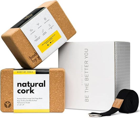 Premium Cork Yoga Blocks - Extra Large Yoga Block 2-Pack or Extra Tall 1-Pack for Inflexible Yogis | Natural, High-Density Cork for Superior Support & Stability | Optional Yoga Strap & Gift Box-GravixFit