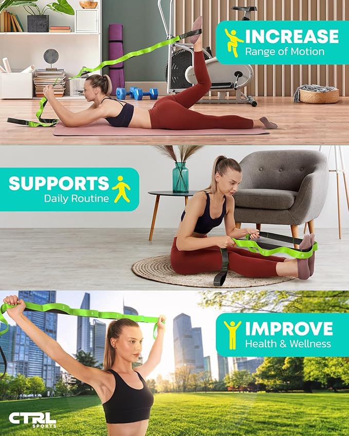 Stretching Strap with Loops - Non Elastic Stretch Band for Physical Therapy, Yoga Strap for Stretching Equipment, Stretch Bands for Exercise and Flexibility - Fascia, Hamstring & Leg Stretcher Belt-GravixFit