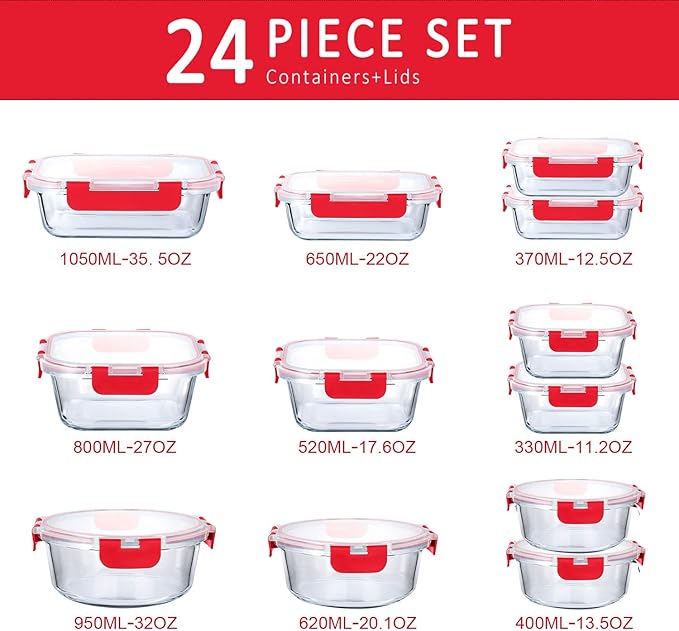 M MCIRCO 24-Piece Glass Food Storage Containers with Locking Lids,Glass Meal Prep Containers Set - Airtight Lunch Containers, Microwave, Oven, Freezer and Dishwasher, Red-GravixFit
