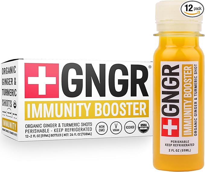 '+GNGR Immunity Booster Organic Ginger and Turmeric Shot - Cold Pressed Ginger Shots with Turmeric, Cayenne Pepper, Orange, Lemon for All Natural Immune & Digestive Support (2 Oz, Pack of 12)-GravixFit
