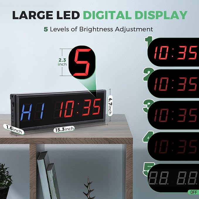 15'' Bluetooth Gym Timer Clock for Home Gym Digital Display Gym Clock Stopwatch Interval Workout Timer Adjustable Buzzer Volume with Remote and APP Control for Sport Boxing Fitness Kitchen-GravixFit