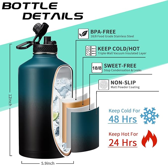 1 Gallon Water Bottle Stainless Steel - 128oz Insulated Flask Water Bottle with Sleeve Strap, Big Water Jug with Straw & Spout Lid, Gym Camping Gallon Water Bottle w/Paracord Handle, protective Boot-GravixFit