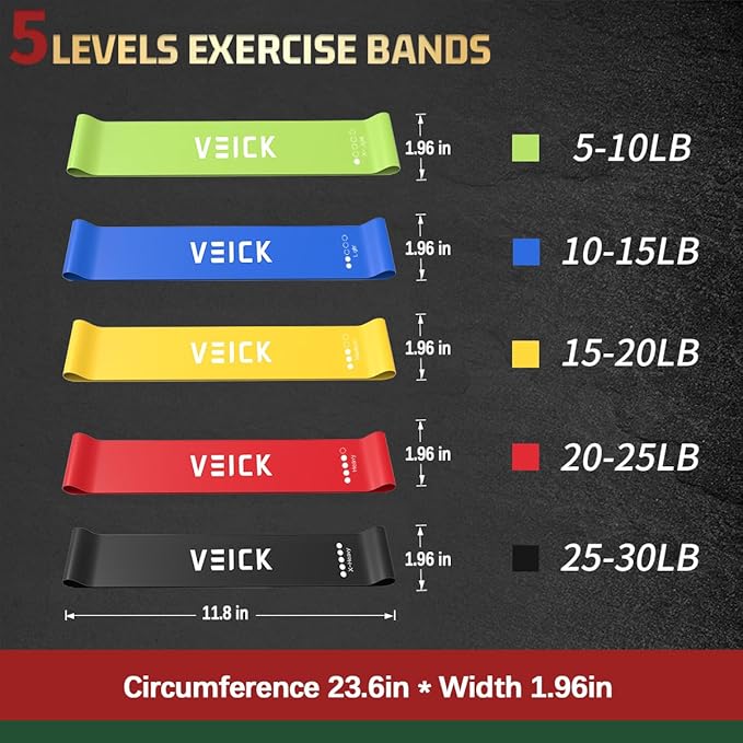 VEICK Resistance Loop Exercise Bands, Elastic Workout Bands for Men Women, Set of 5 Different Resistance Levels Stretch Band for Home Fitness Stretching Strength Training Physical Therap-GravixFit