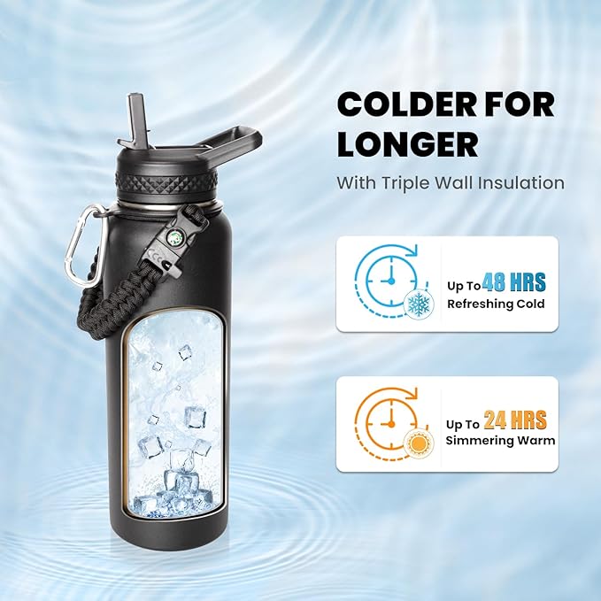 Insulated Water Bottle 40 oz, Triple Wall Vacuum Stainless Steel (Cold for 48 Hrs), Leak Proof & Non-BPA, Modern Water Flask Jug with Paracord Handle & Straw Spout Lids, Magic Black-GravixFit