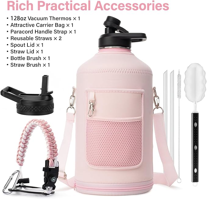 1 Gallon Water Bottle Insulated | Thickened Stainless Steel Vacuum Metal Water Jug | Portable Sports Large for Gym and Hiking with Straw, Carrier Bag, Handle Strap | BPA-Free 128 oz-GravixFit