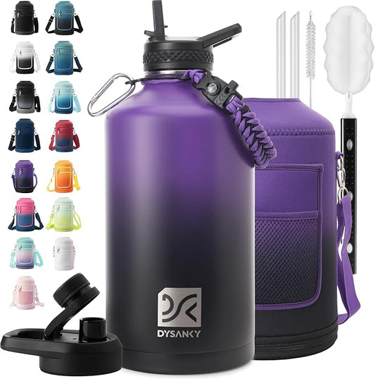 1 Gallon Water Bottle Insulated | Thickened Stainless Steel Vacuum Metal Water Jug | Portable Sports Large for Gym and Hiking with Straw, Carrier Bag, Handle Strap | BPA-Free 128 oz-GravixFit