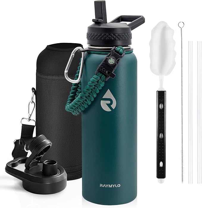 Insulated Water Bottle 40 oz, Triple Wall Vacuum Stainless Steel (Cold for 48 Hrs), Leak Proof & Non-BPA, Modern Water Flask Jug with Paracord Handle & Straw Spout Lids, Dark Green-GravixFit
