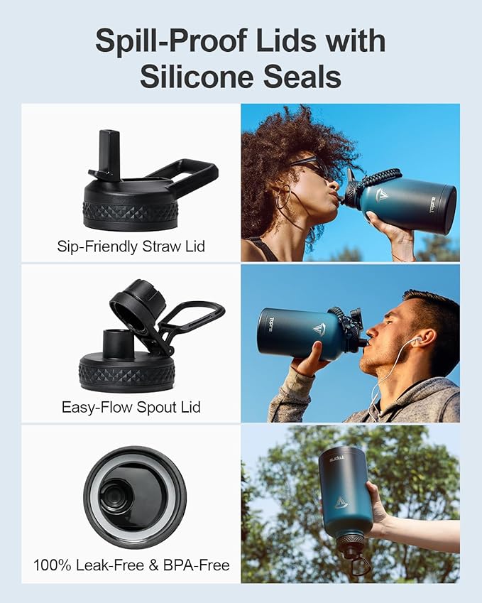 64 oz Insulated Water Bottle,Half Gallon Water Flask Stainless Steel Vacuum, Cold for 48 Hrs,BPA-Free & Leakproof -with Paracord Handle, Strap,Straw Spout Lids,Large Jug for Gym,Indigo Black-GravixFit